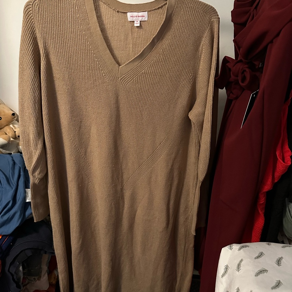 Tan V-Neck Sweater Dress